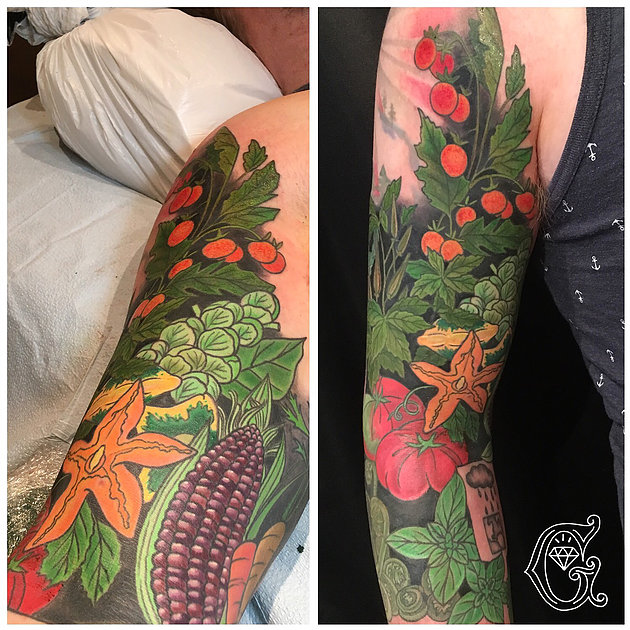working on my moms flower/garden sleeve tattoo - YouTube